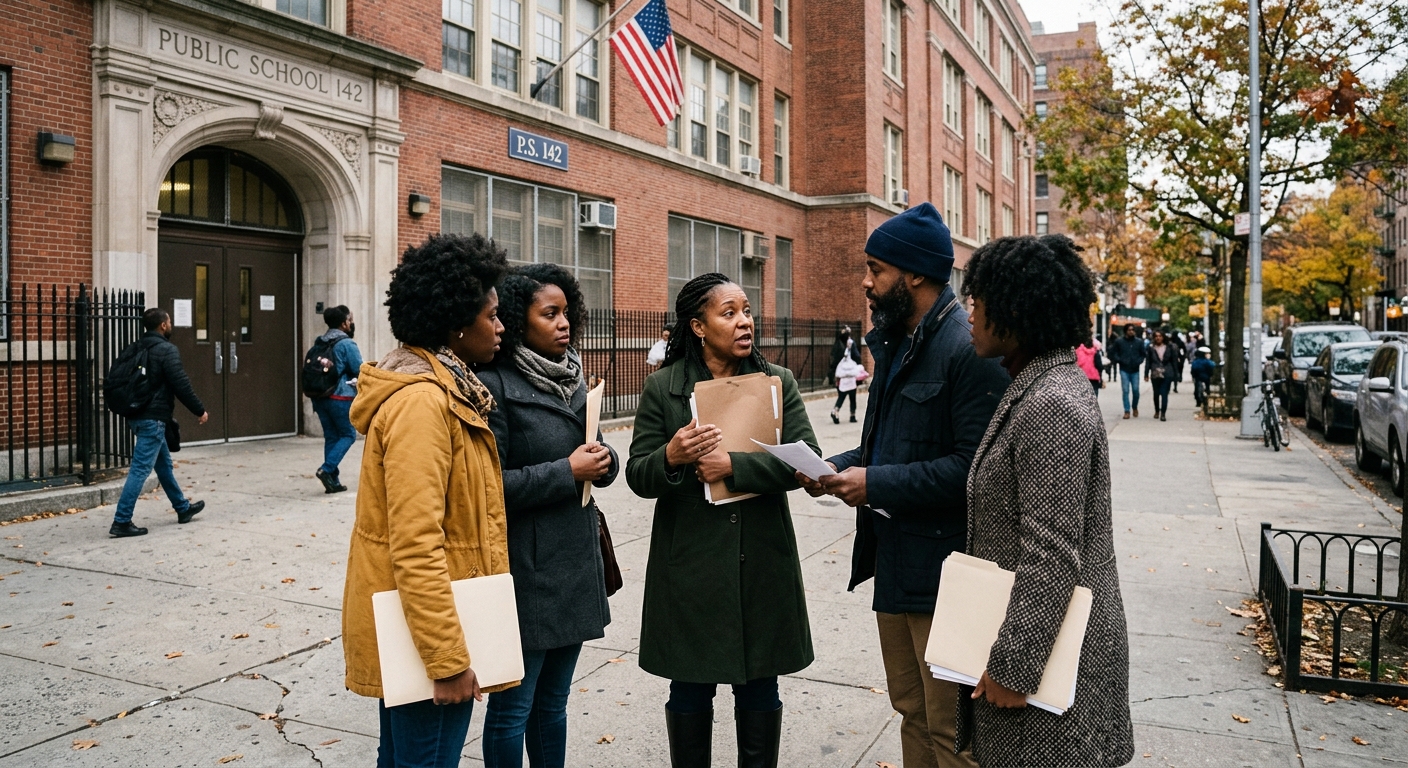 a group of concerned Black parents having a serious conversation on the sidewalk in front of a classic red brick New York City public school building, holding p