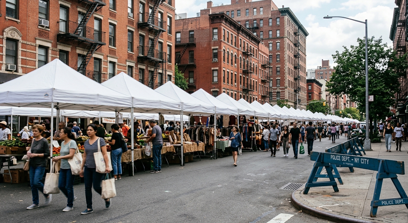 a row of white vendor tents set up along a busy city avenue with tall brick apartment buildings and fire escapes in the background, a blue wooden police barrica