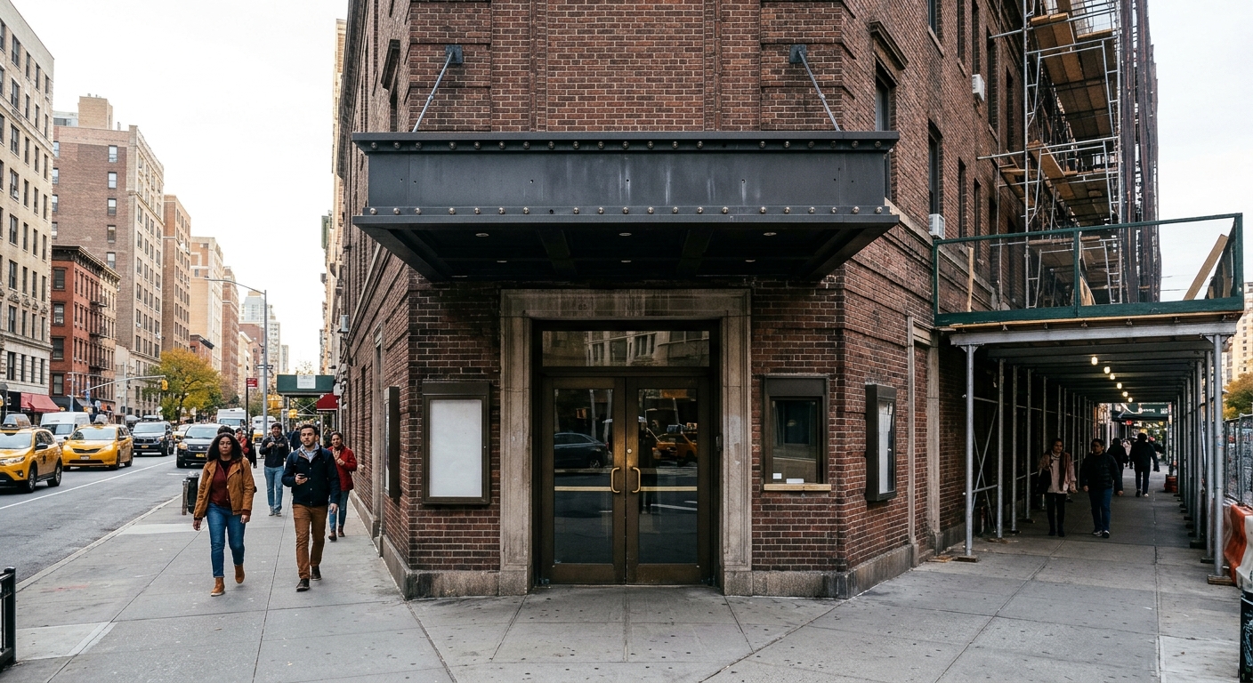 a classic brick movie theater with a blank awning over the glass entrance doors on a busy New York City street, metal construction scaffolding visible on the ad