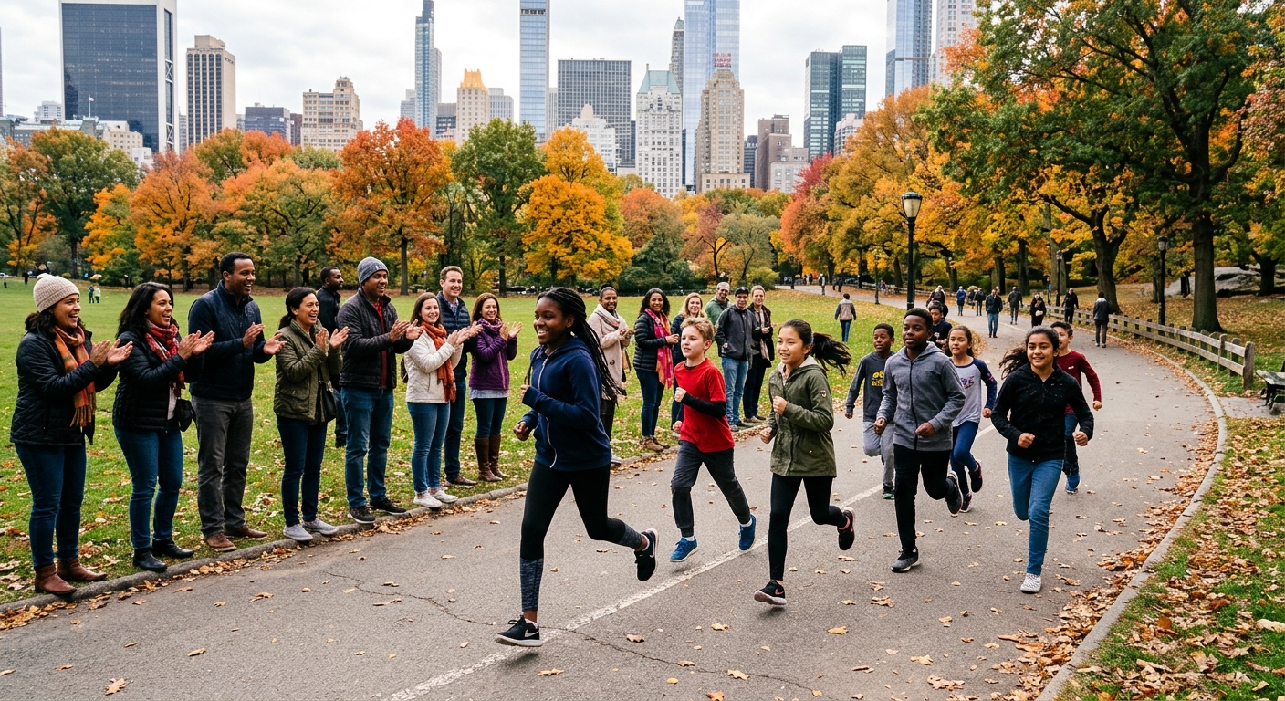 a diverse group of children and teenagers running along a paved path in a large urban park with autumn trees and city skyscrapers in the background, parents sta