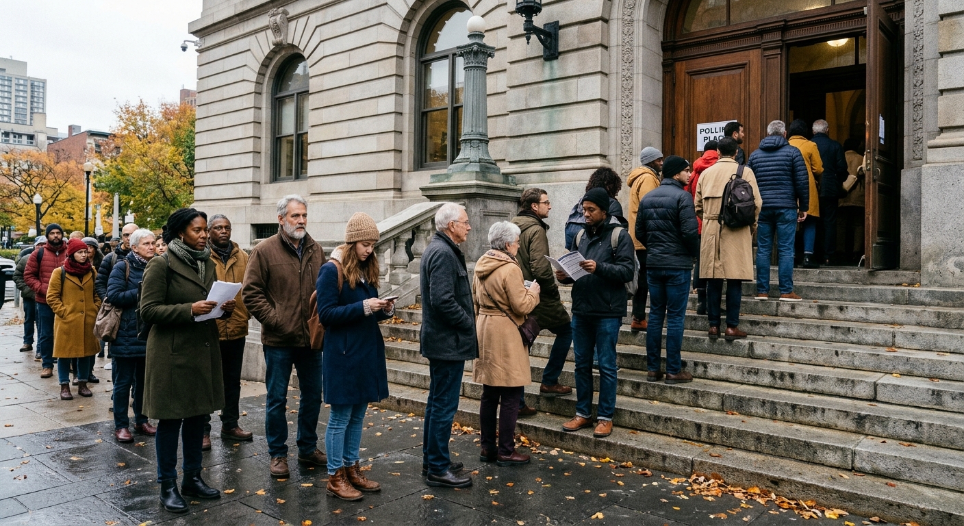 a diverse line of pedestrians in autumn coats standing on the stone steps of a classic urban civic building, waiting to enter a community polling location, natu