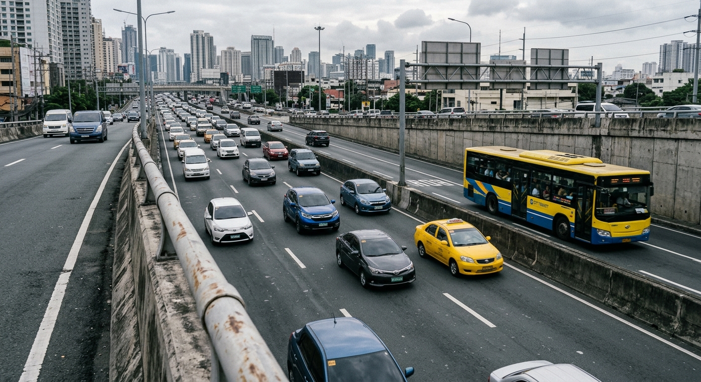 morning commute traffic on a busy urban expressway with concrete dividers, featuring a mix of everyday commuter cars, a yellow taxi, and a passenger bus traveli