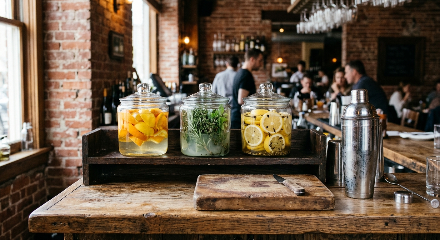 a rustic wooden bar counter in a restaurant with exposed brick walls, featuring clear glass jars filled with preserved citrus peels and fresh herbs next to a st