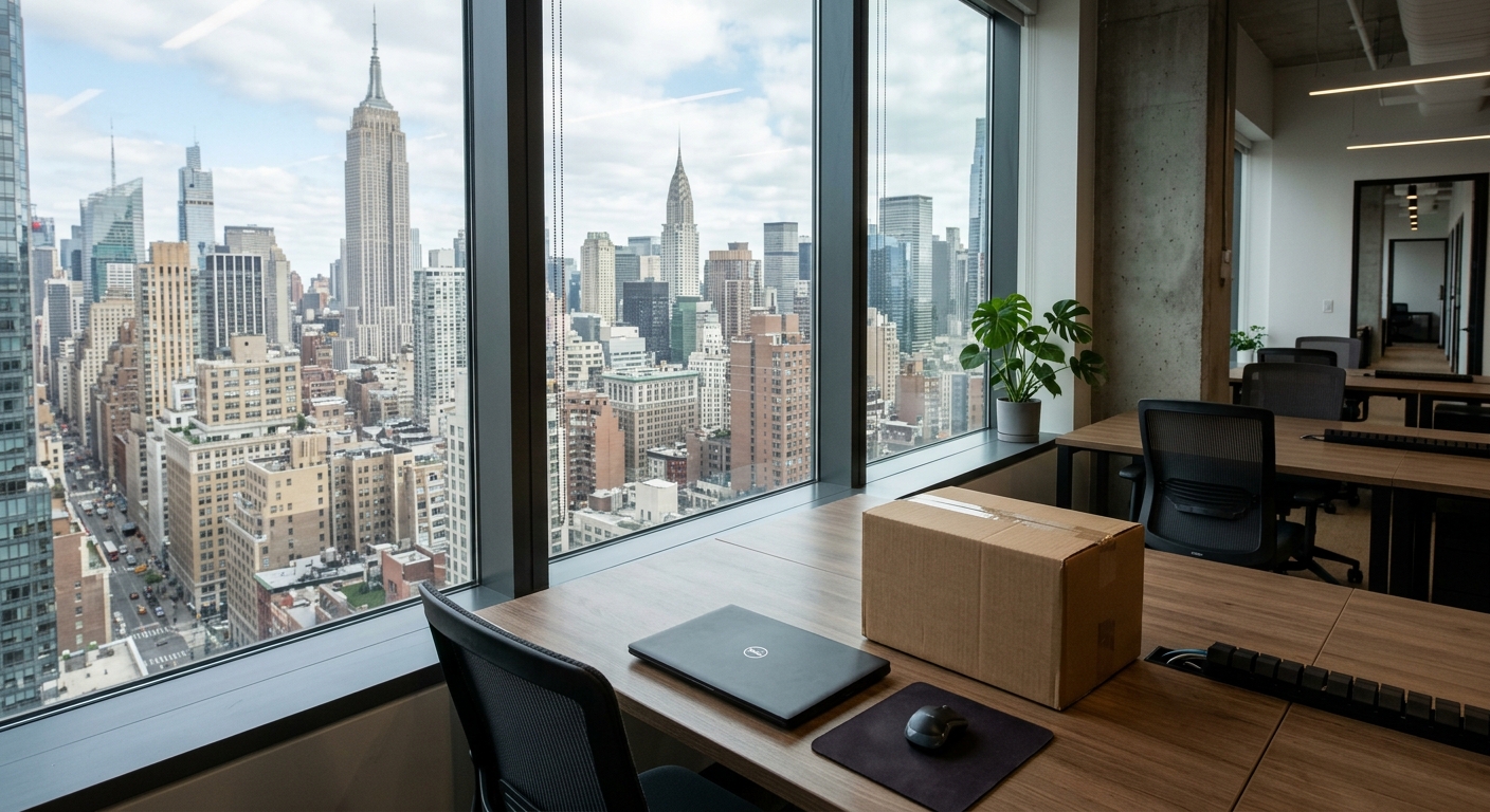 an empty modern corporate workstation with a closed laptop and a single cardboard box on a desk, located next to a large floor-to-ceiling window showing the den