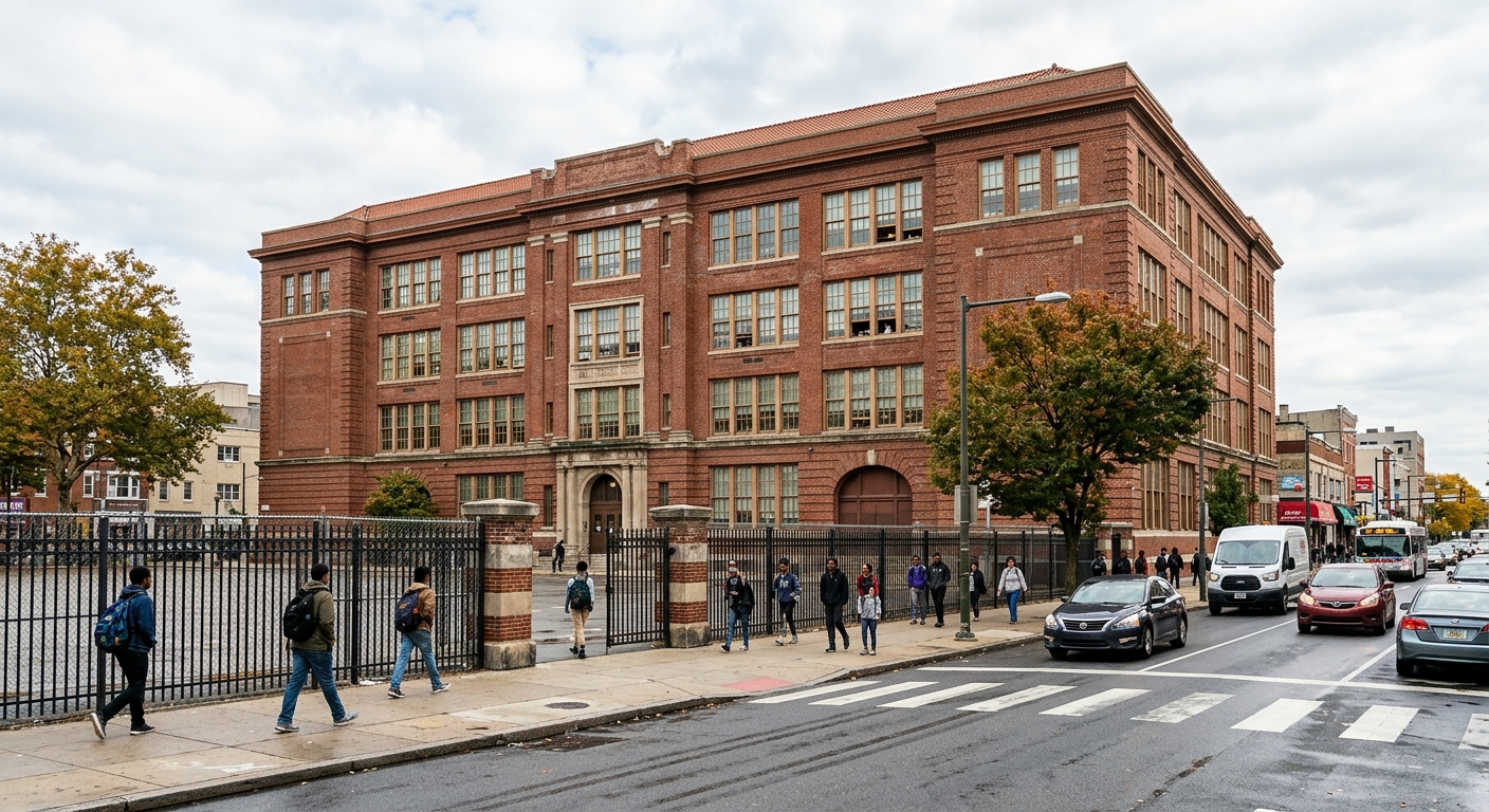 a classic red brick urban public high school building with large multi-pane windows and a metal fence on a busy city street, natural everyday lighting, shot on
