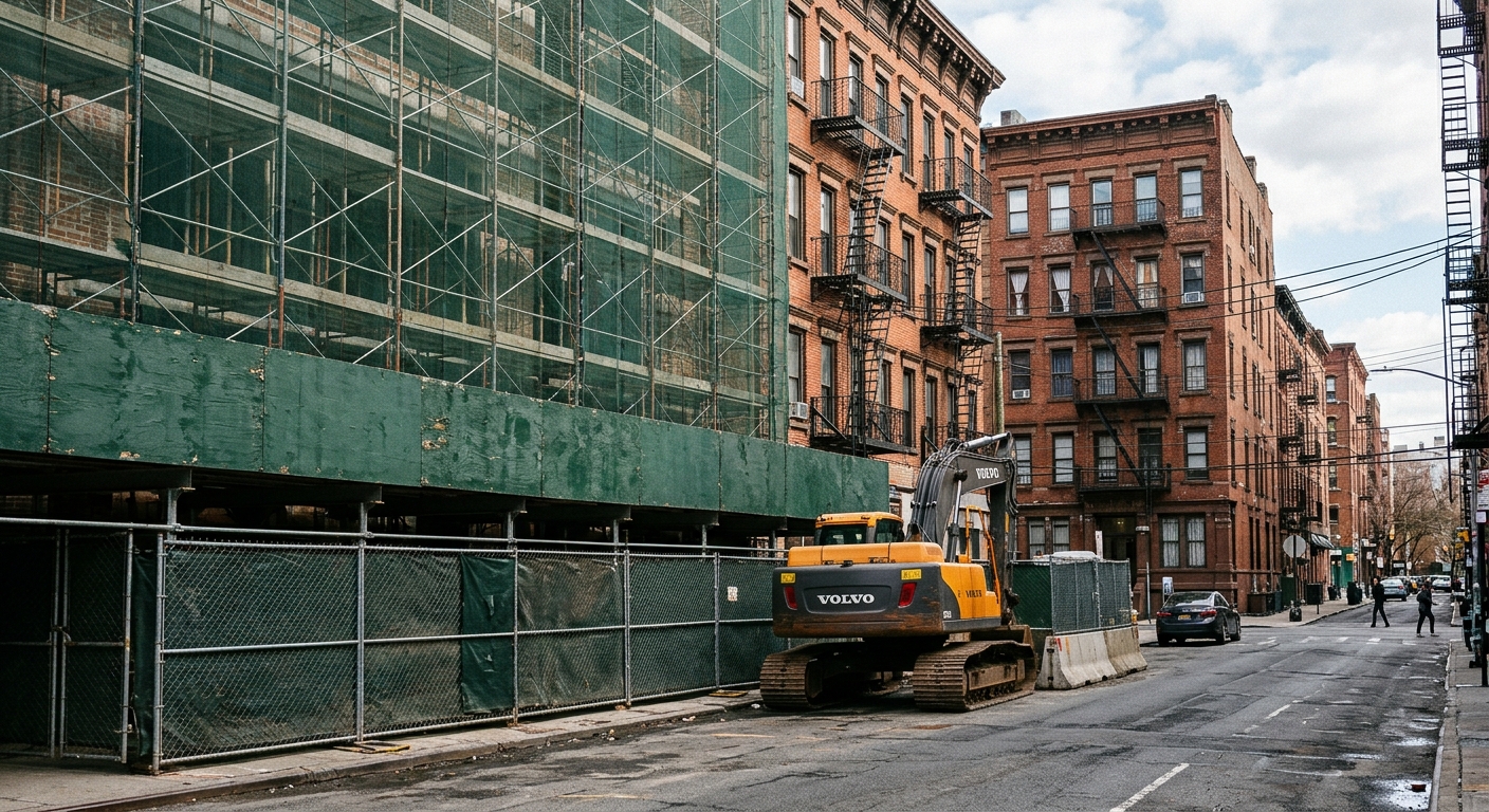 an inactive urban construction site surrounded by scaffolding and green privacy netting, a parked excavator resting quietly on an asphalt street with classic br