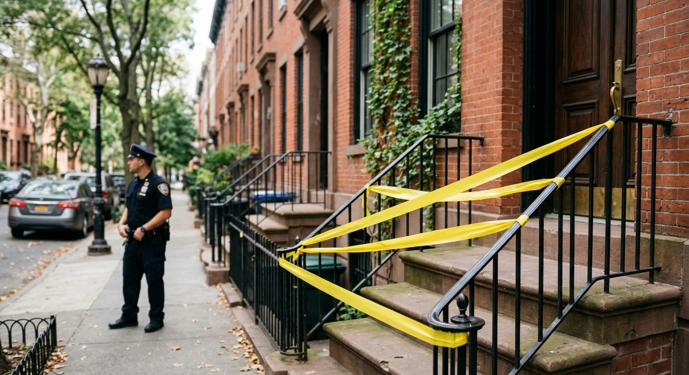 blank yellow caution tape strung across the front steps of a brick residential row house in a New York neighborhood, an out-of-focus police officer in a dark un