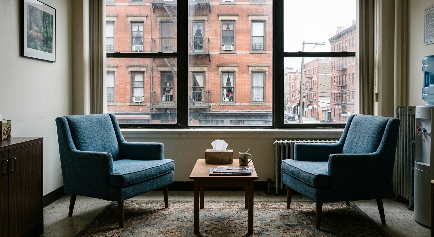 two empty fabric armchairs facing each other in a modest community health clinic office, a small coffee table with a box of tissues between them, a window showi