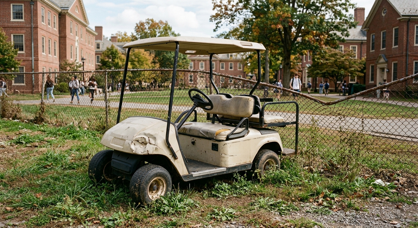 a damaged, dented utility golf cart abandoned near a torn chain-link fence on the grassy edge of a college campus, with traditional red brick academic buildings