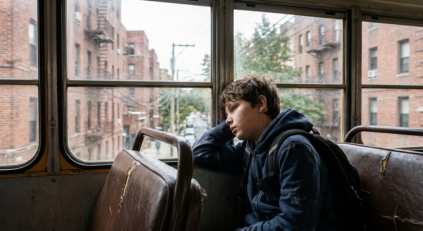 a tired middle school boy wearing a backpack resting his head against the window of a moving yellow school bus, looking out at dense urban brick apartment build