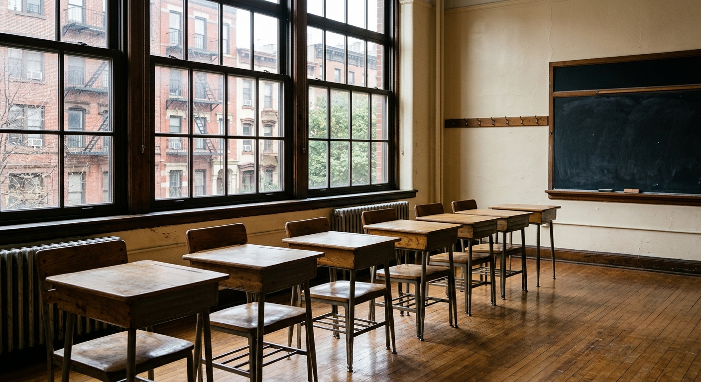 a row of empty wooden student desks and chairs inside a classic public school classroom, with large paned windows showing typical New York city brick architectu
