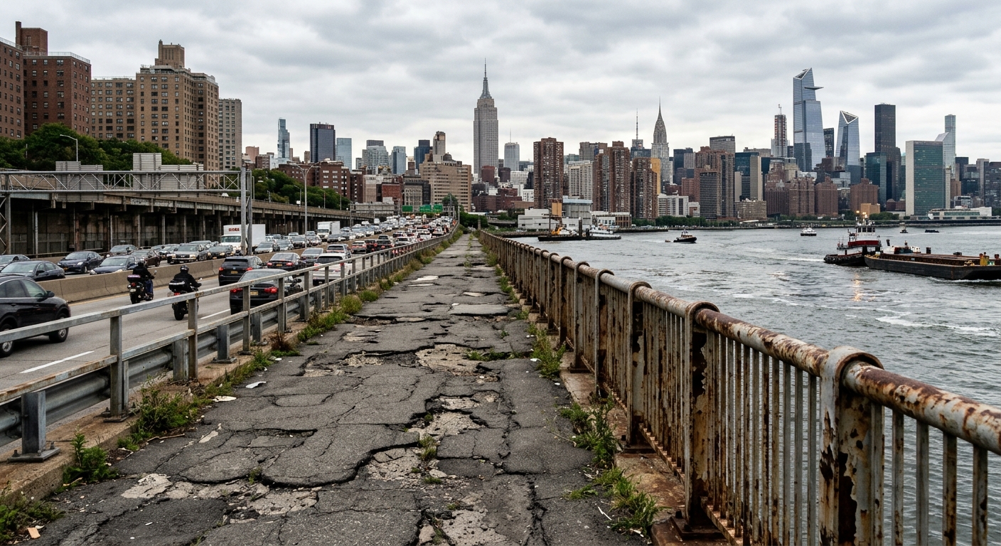 a deteriorated urban waterfront walkway with crumbling asphalt pavement and weathered metal railings next to a wide river, a busy highway running alongside the