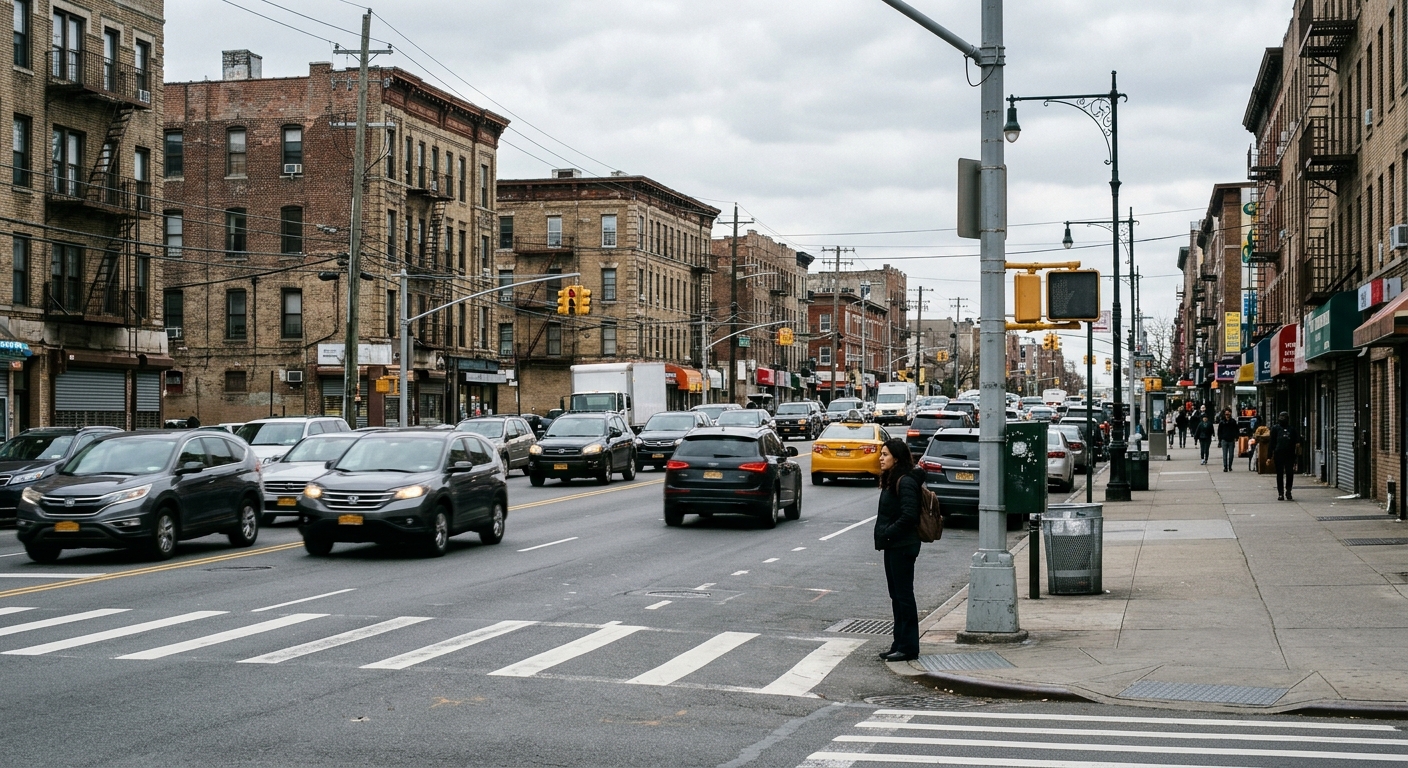 a wide, multi-lane urban avenue in Brooklyn with cars driving and a pedestrian standing near the curb by a crosswalk, surrounded by typical city infrastructure