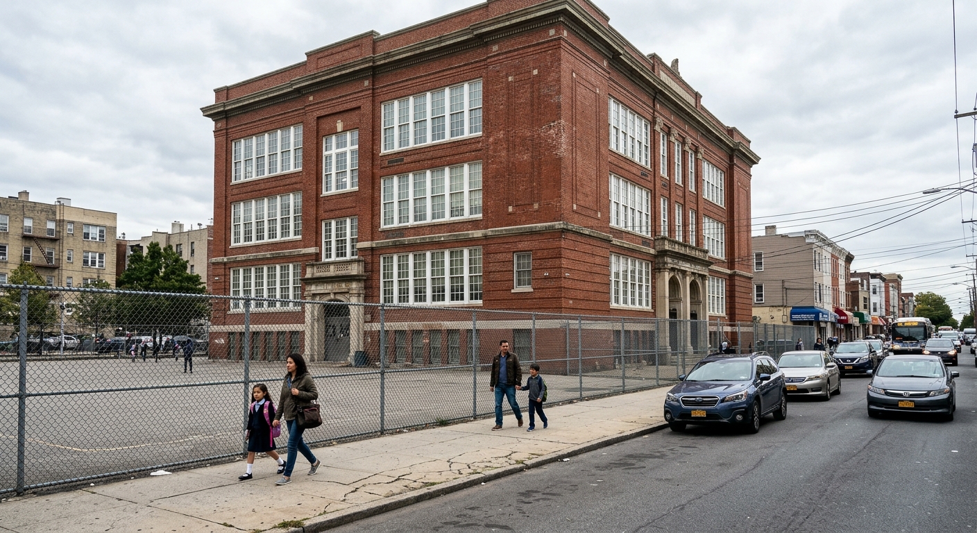 the exterior of a multi-story red brick public school building with large grid windows and a chain-link fence in a bustling urban neighborhood, a few parents wa