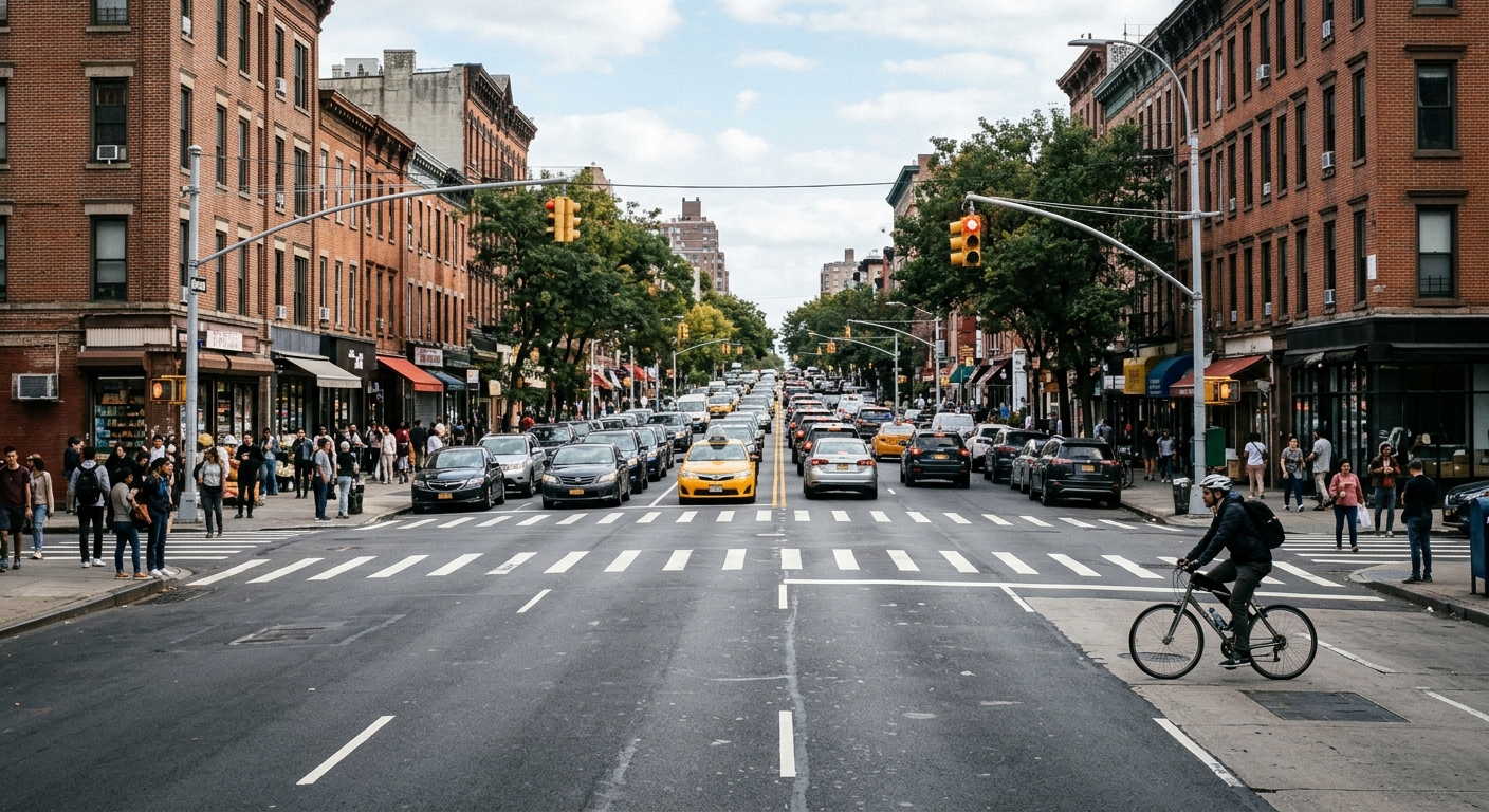 a wide, busy multi-lane avenue in a dense urban neighborhood, showing cars waiting at a crosswalk, a cyclist navigating near the curb, and brick storefronts lin