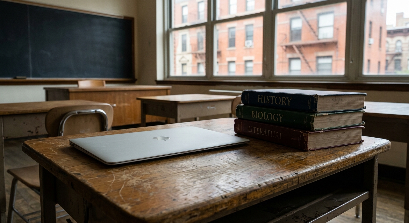a closed silver laptop resting on a worn wooden school desk next to a stack of closed hardcover textbooks inside an empty high school classroom, large windows s