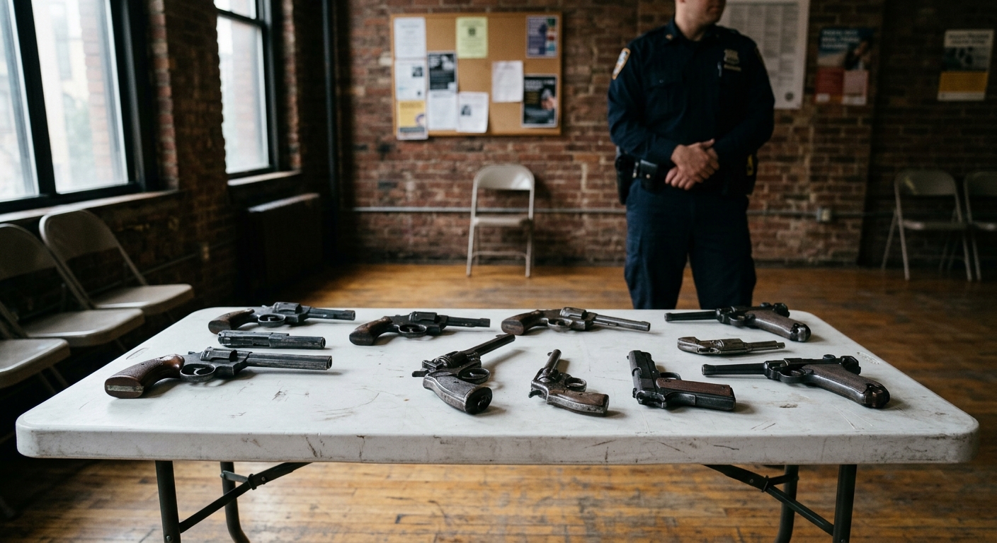 several old metal handguns and revolvers laid out on a plain white folding table in a New York City community hall, with a blurred figure in a dark blue uniform