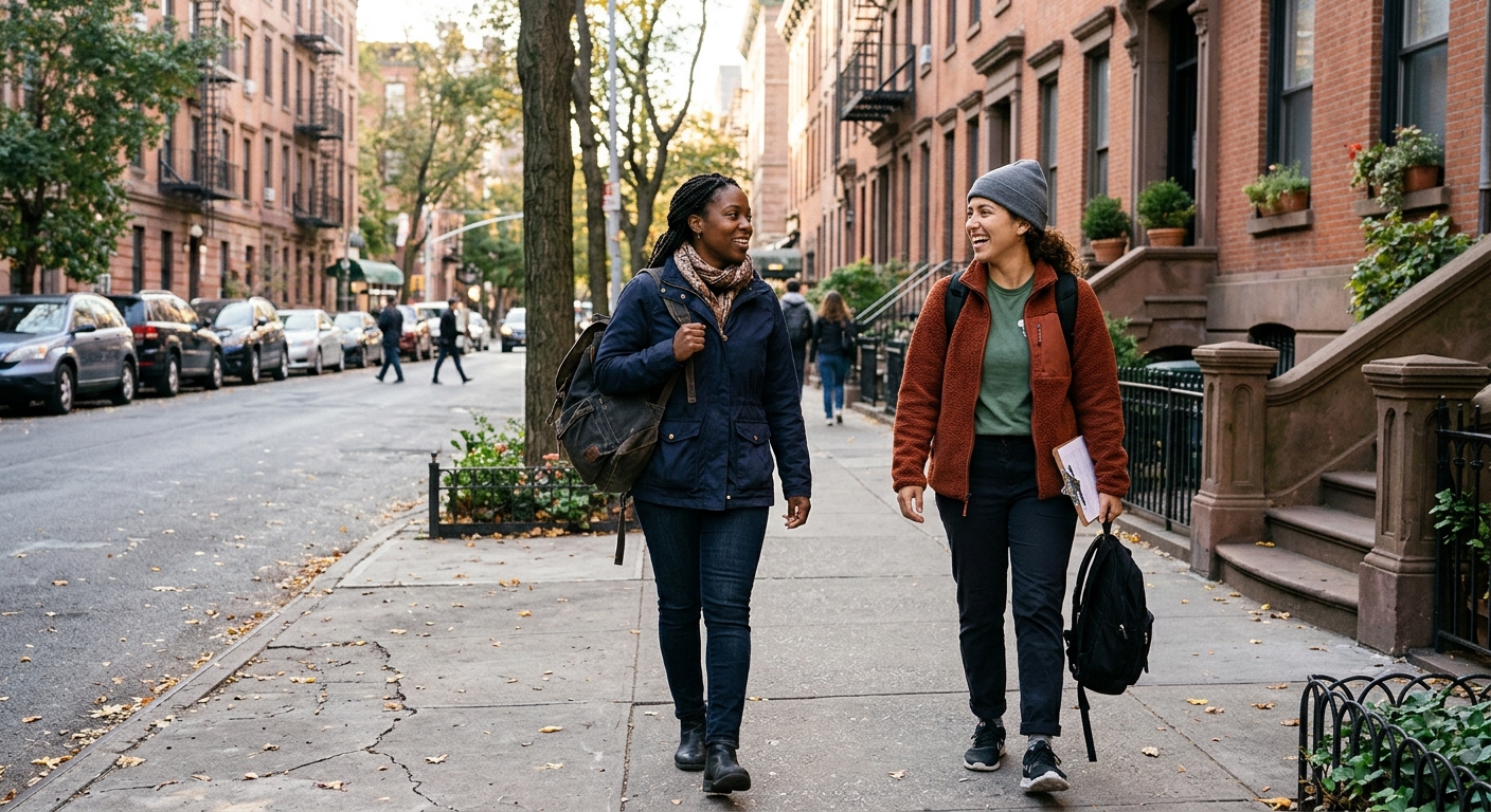 two community outreach workers walking together down a typical New York City sidewalk lined with brick brownstones, carrying backpacks and wearing casual profes