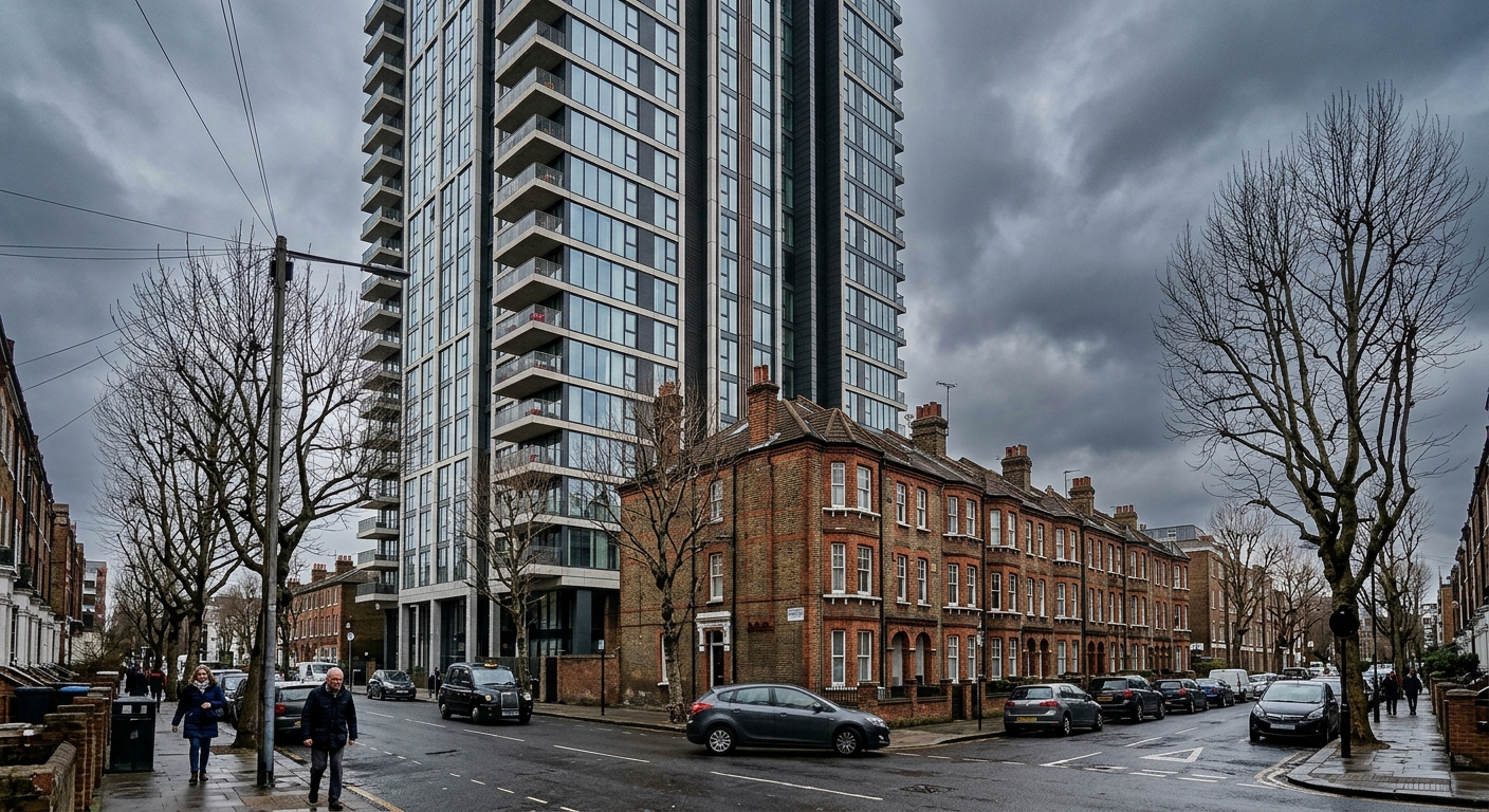 a modern high-rise residential apartment building towering over older brick townhouses in a dense urban neighborhood, with an overcast sky and bare street trees