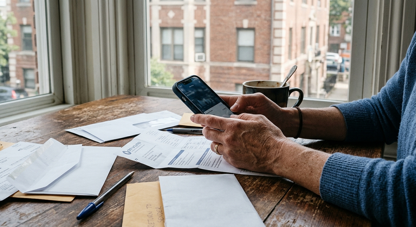 a close-up of a person's hands holding a smartphone over a small wooden kitchen table scattered with paper utility bills and blank envelopes, with an out-of-foc