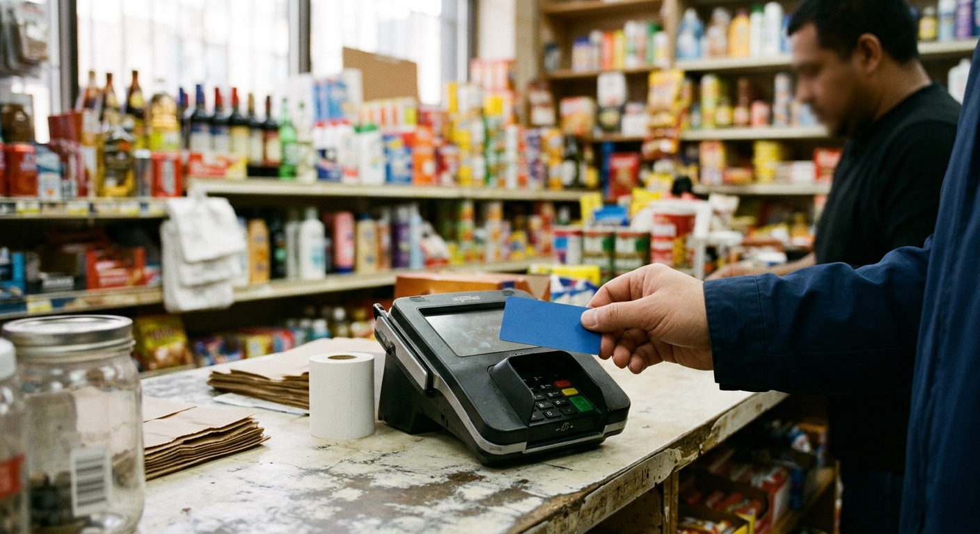a standard electronic card payment terminal sitting on a worn deli counter inside a neighborhood New York bodega, a hand holding a blank plastic payment card ne