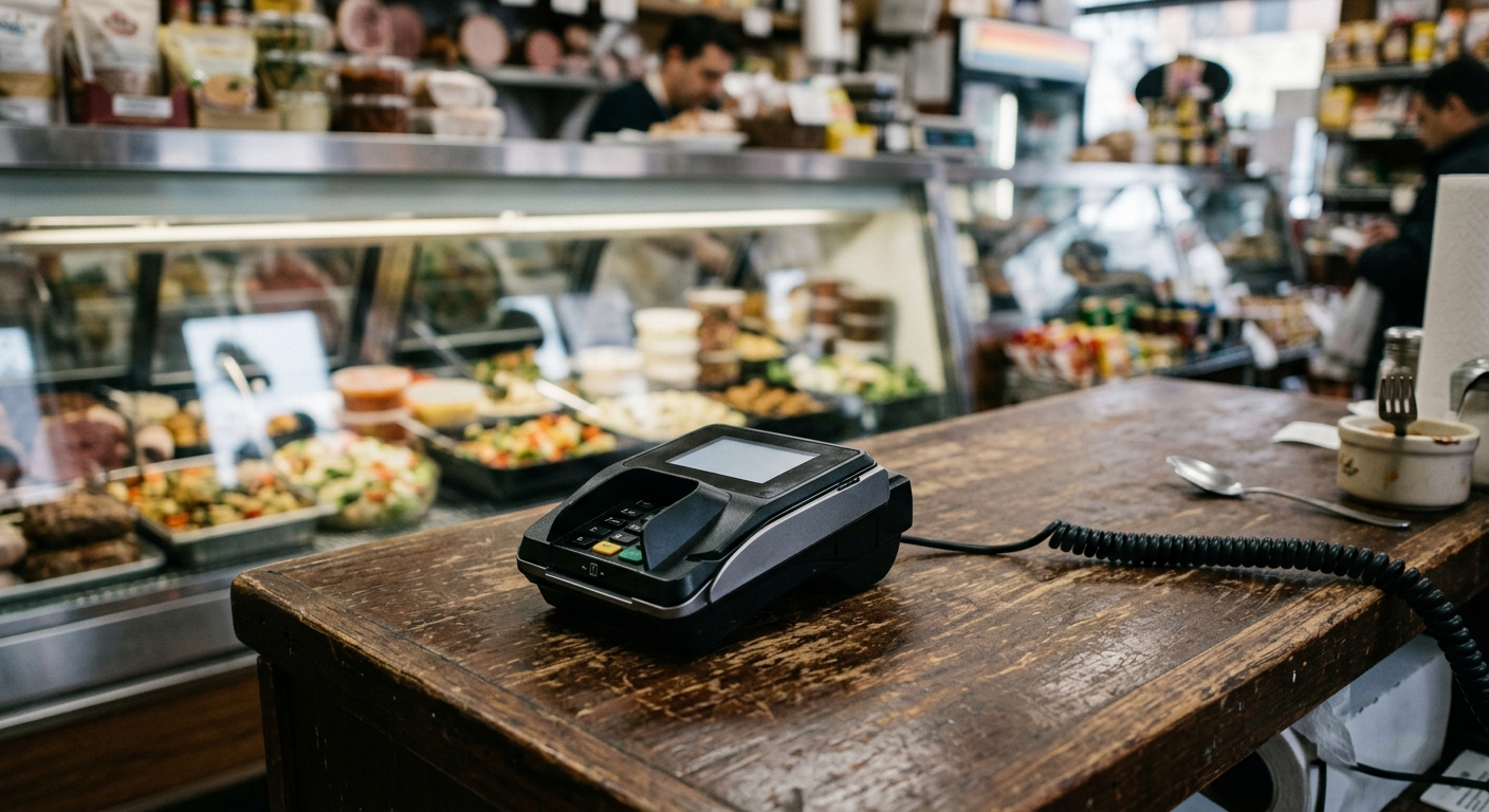 a standard electronic card payment terminal resting on a slightly worn countertop inside a typical corner deli, with a blurred glass food display case in the ba